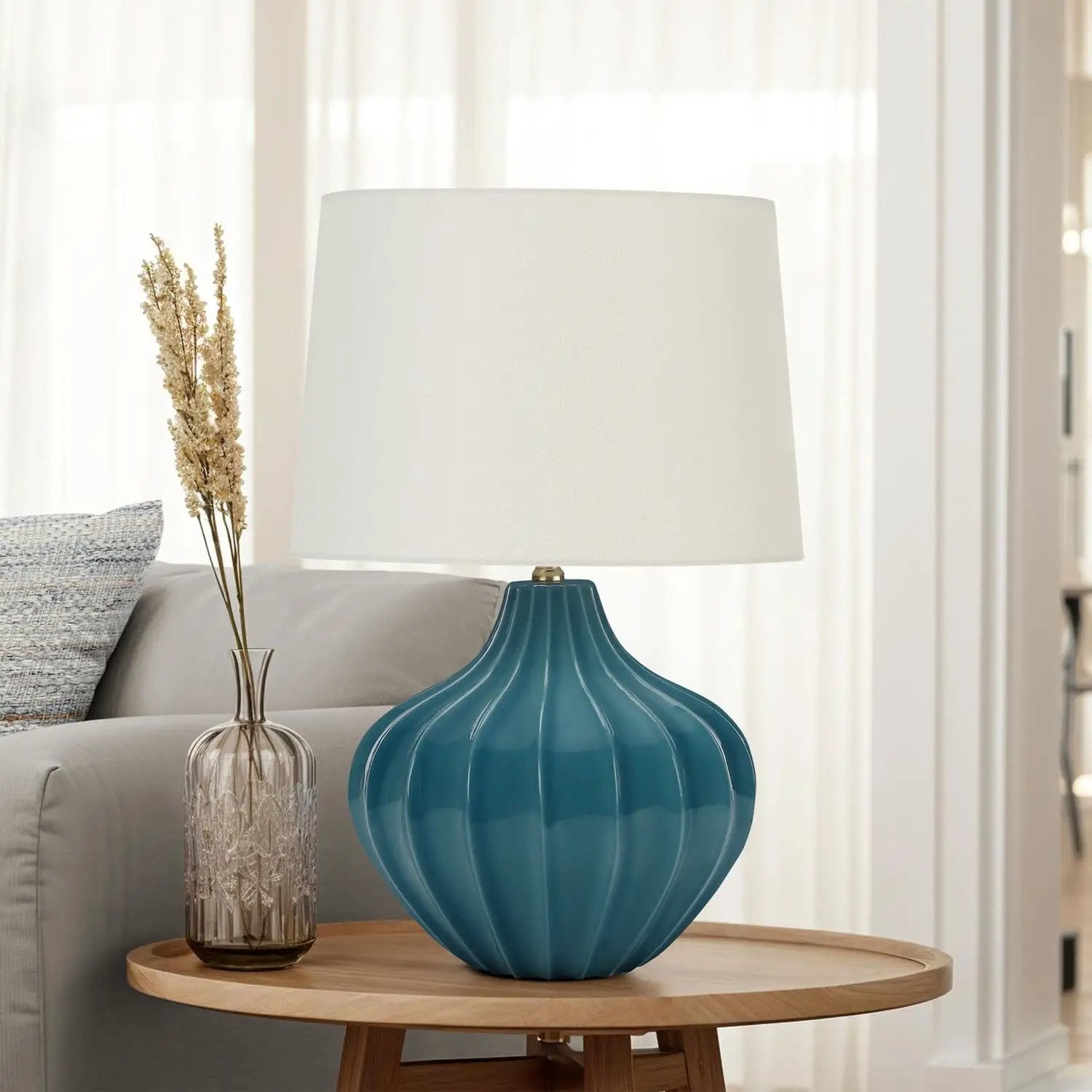 Table lamp ceramic blue ribbed base with white shade on Tampa Home & Garden Store