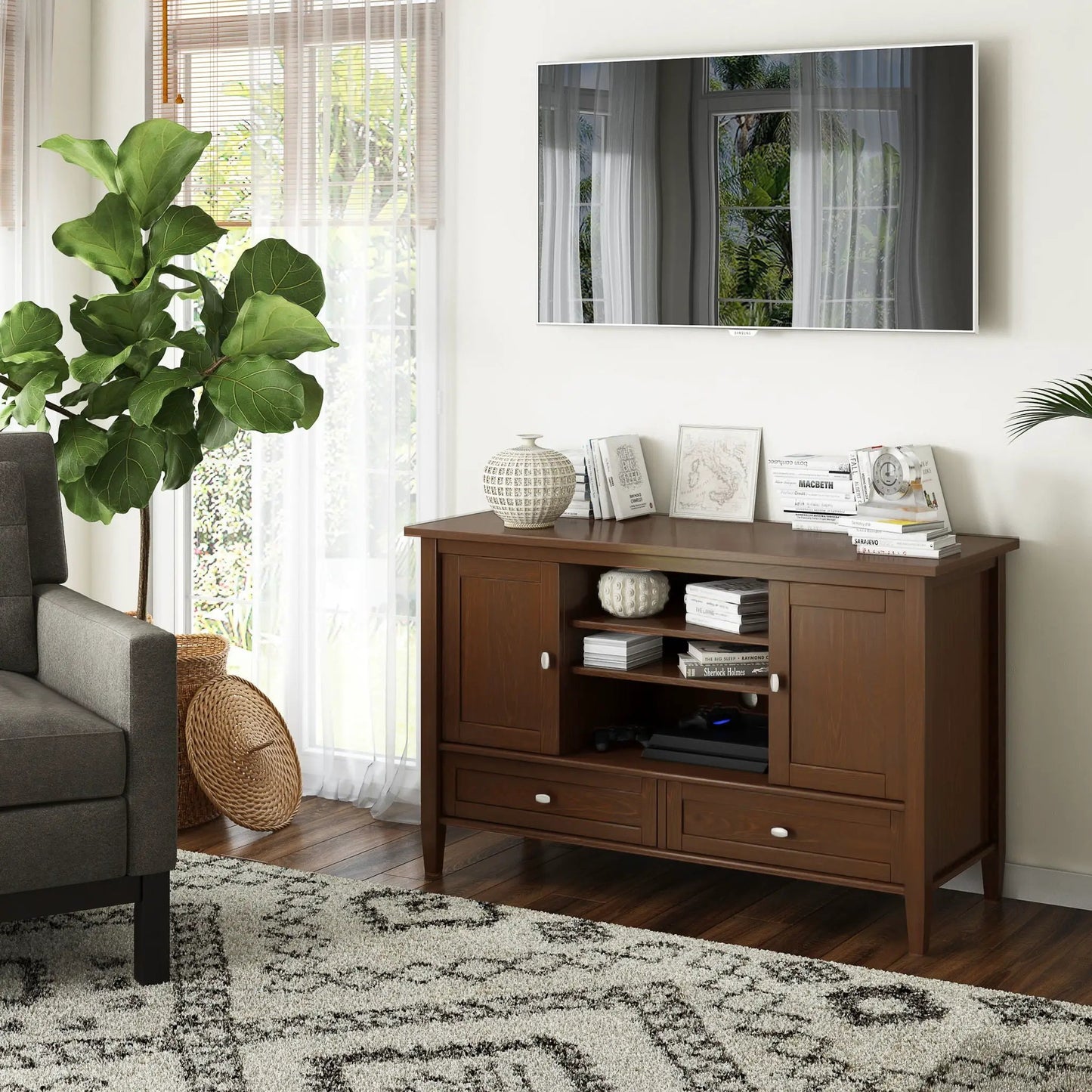 Warm Shaker TV media stand in dark wood with open shelves and drawers by Unique Piece Furniture on Tampa Home & Garden Store
