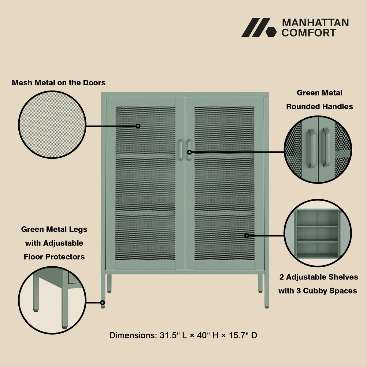 Green metal accent cabinet with mesh doors and 2 adjustable shelves on Tampa Home & Garden Store
