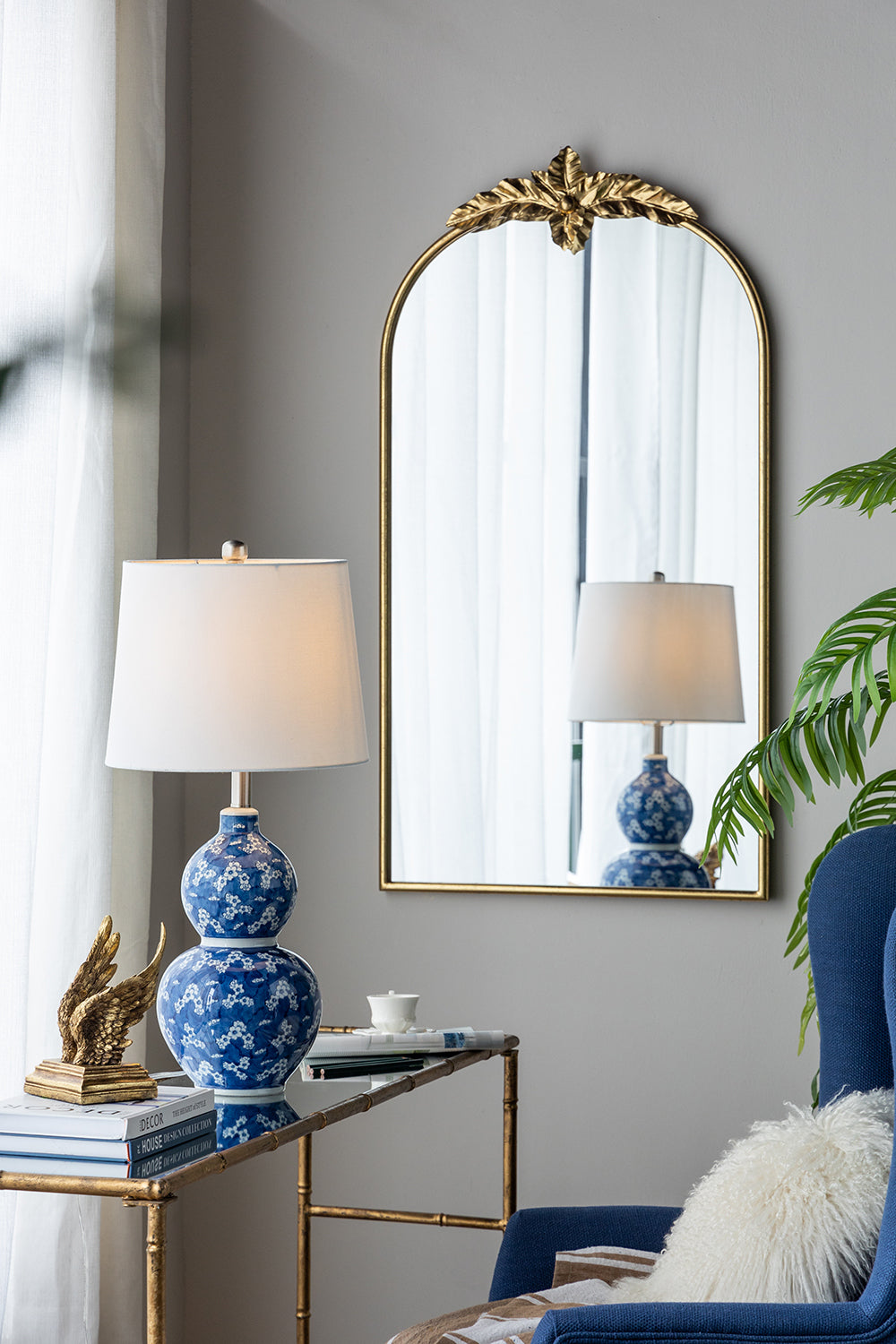 D13x25.7' Blue & White Two-Tier Vase Lamp by HouseOfZazla with white shade on brass console on Tampa Home & Garden Store