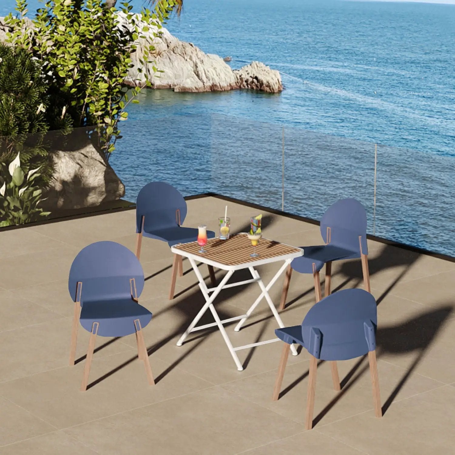 4 Piece Set Of Single Chairs With A Folding Square Table blue chairs with wooden legs on Tampa Home & Garden Store