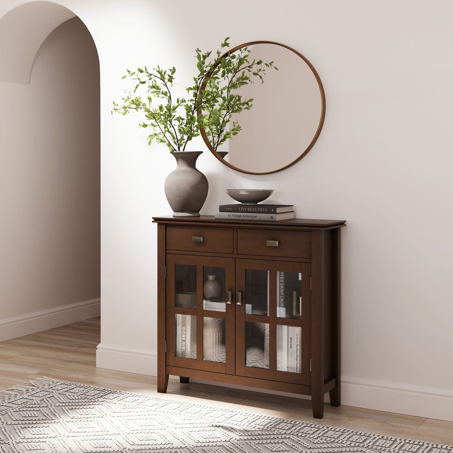 Artisan Entryway Storage Cabinet russet brown with glass-front doors and display shelves on Tampa Home & Garden Store