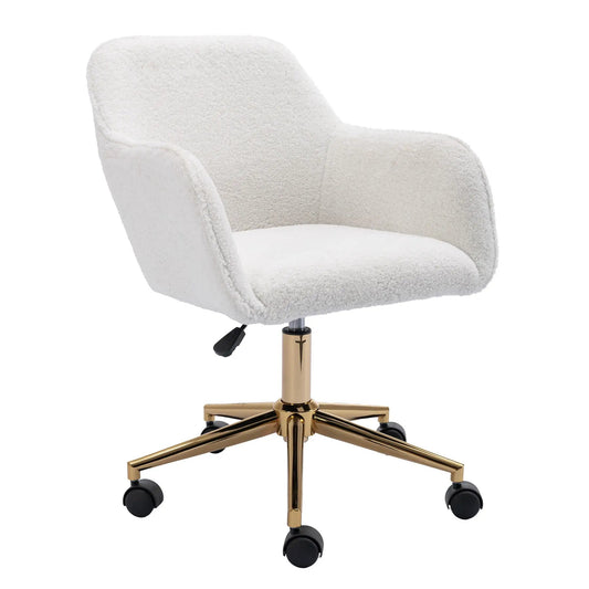 Modern adjustable height swivel chair in white boucle with gold metal base and black casters on Tampa Home & Garden Store