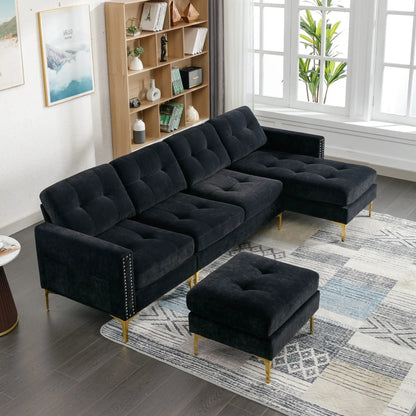 Modern L-shape convertible sectional with movable ottoman, black velvet, gold legs 2-piece set on Tampa Home & Garden Store