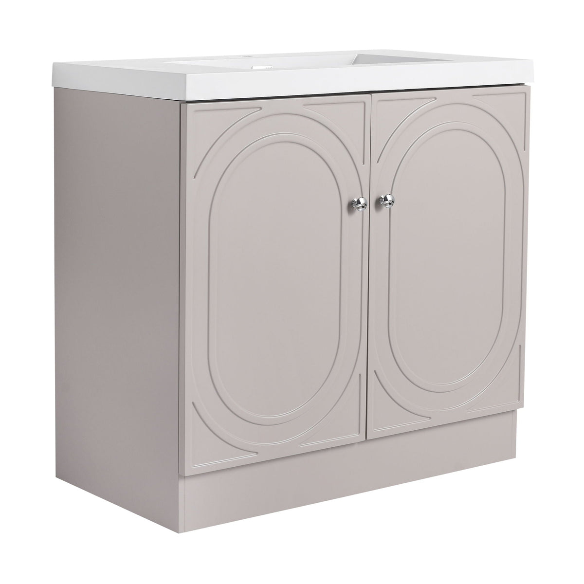Freestanding bath vanity with resin sink, light gray doors with arched panels, HouseOfZazla on Tampa Home & Garden Store