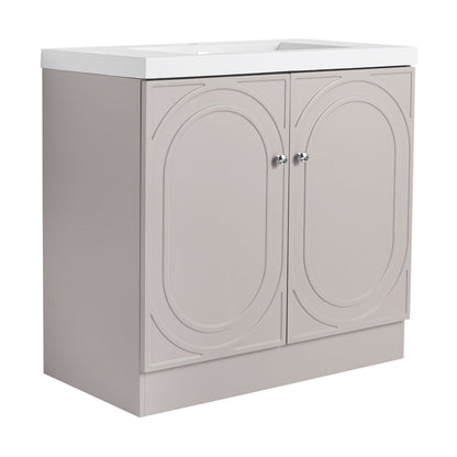 Freestanding bath vanity with resin sink, light gray doors with arched panels, HouseOfZazla on Tampa Home & Garden Store