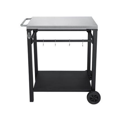 2-Tier Outdoor Grill Cart HouseOfZazla, stainless top, black frame, wheels on Tampa Home & Garden Store