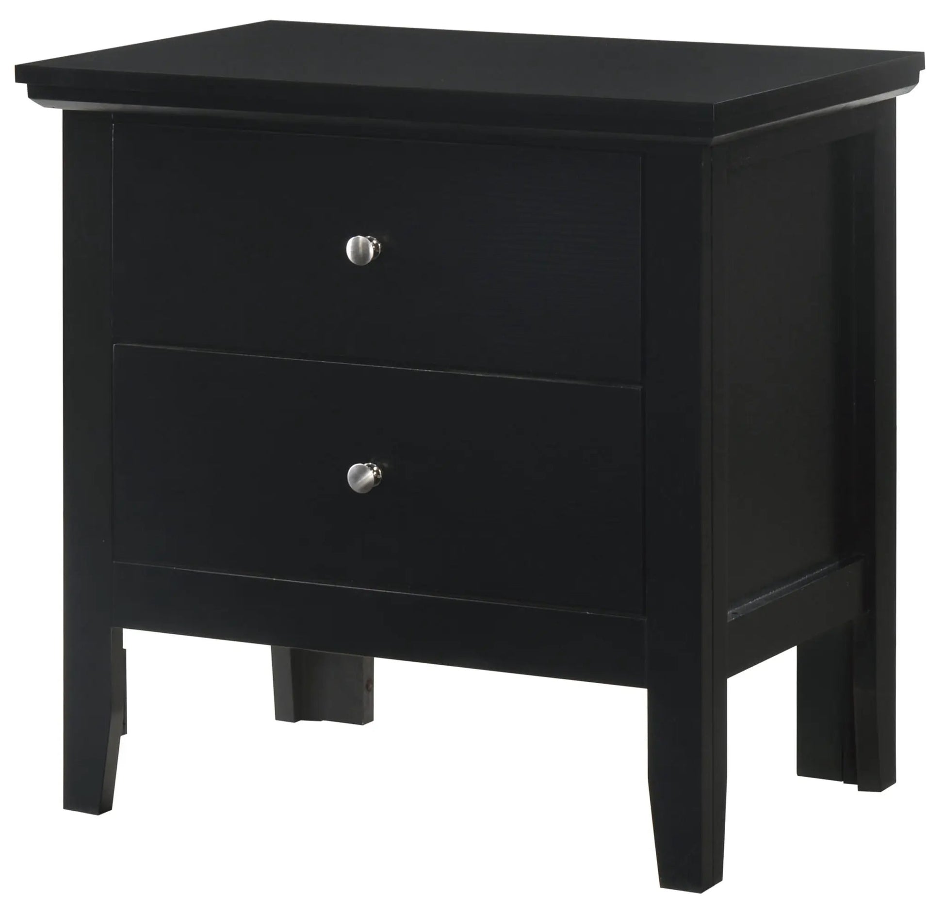 English Dovetailed Drawers Nightstand by Unique Piece, black wood with silver knobs, two drawers on Tampa Home & Garden Store