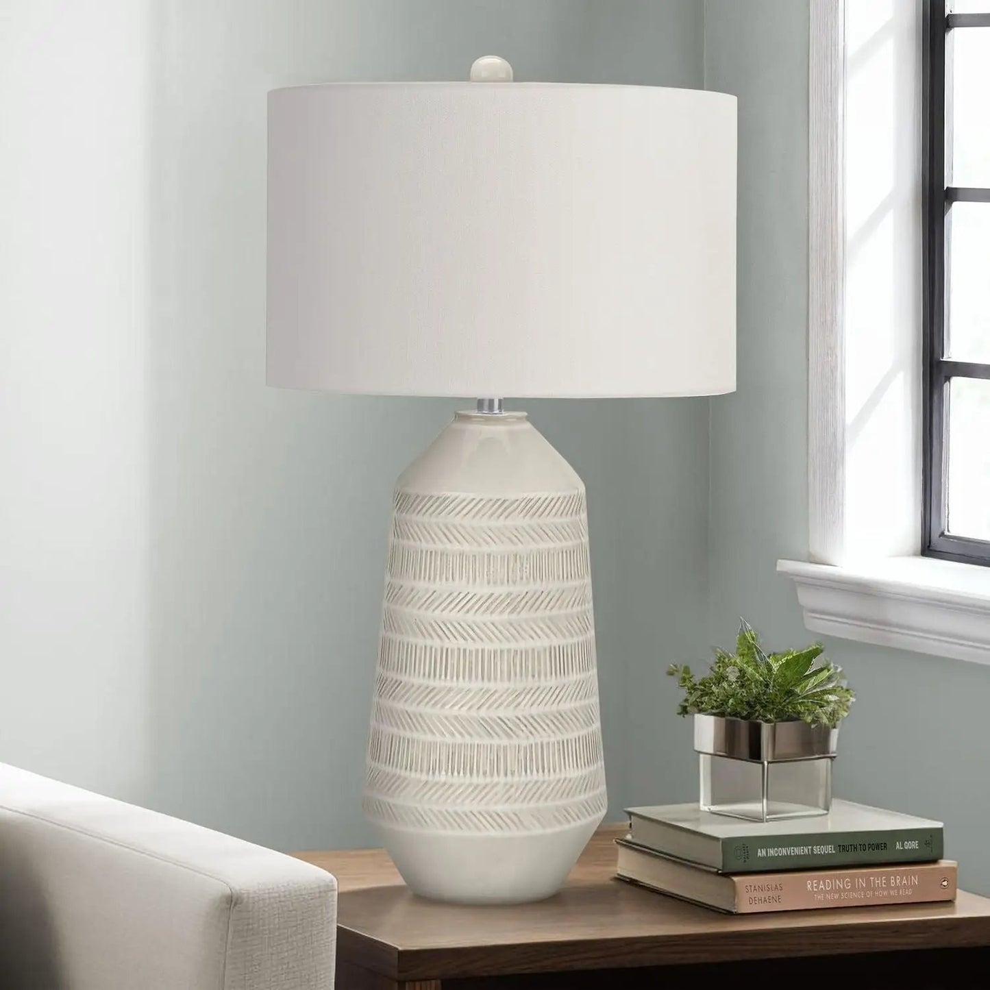Table lamp ceramic cream with ribbed base and white drum shade by Unique Piece Furniture on Tampa Home & Garden Store