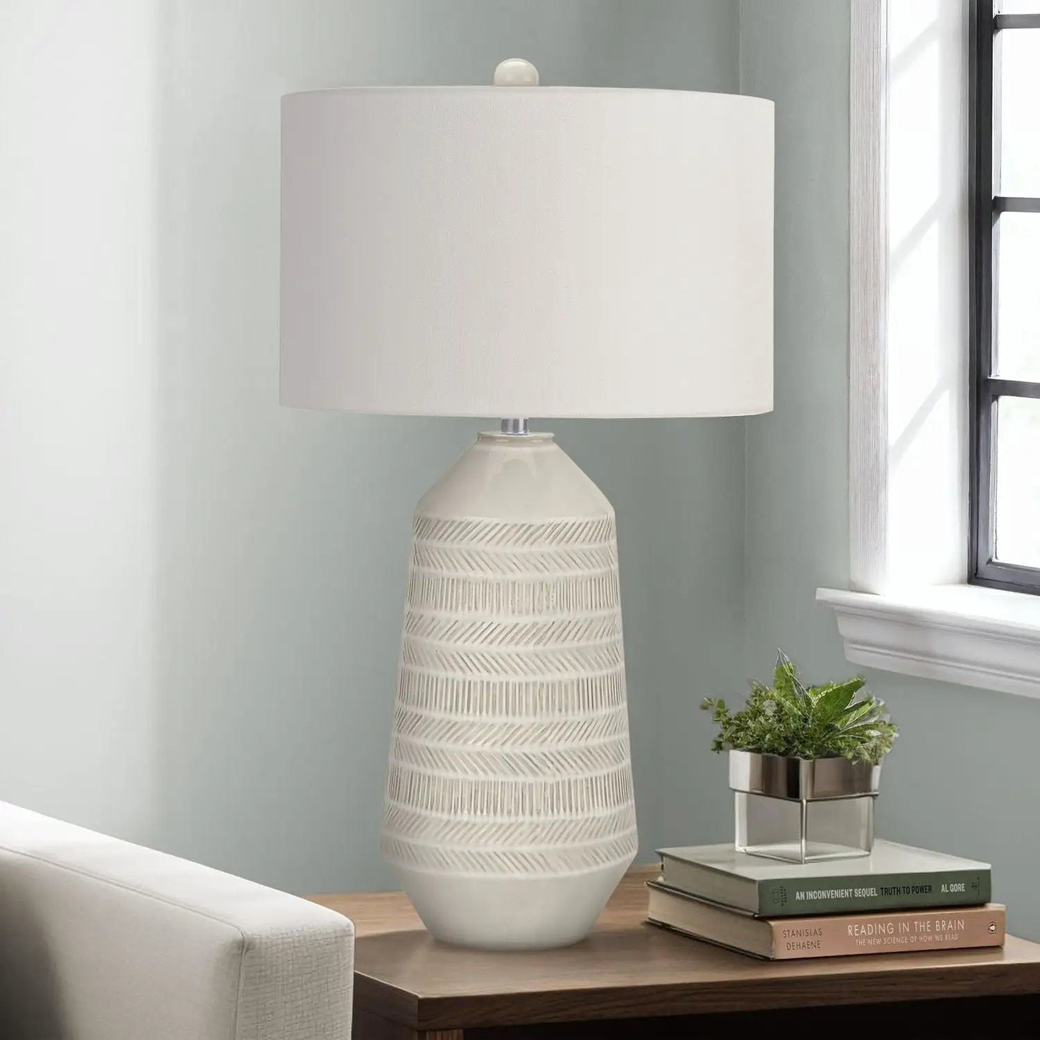 Table lamp ceramic cream with ribbed base and white drum shade by Unique Piece Furniture on Tampa Home & Garden Store