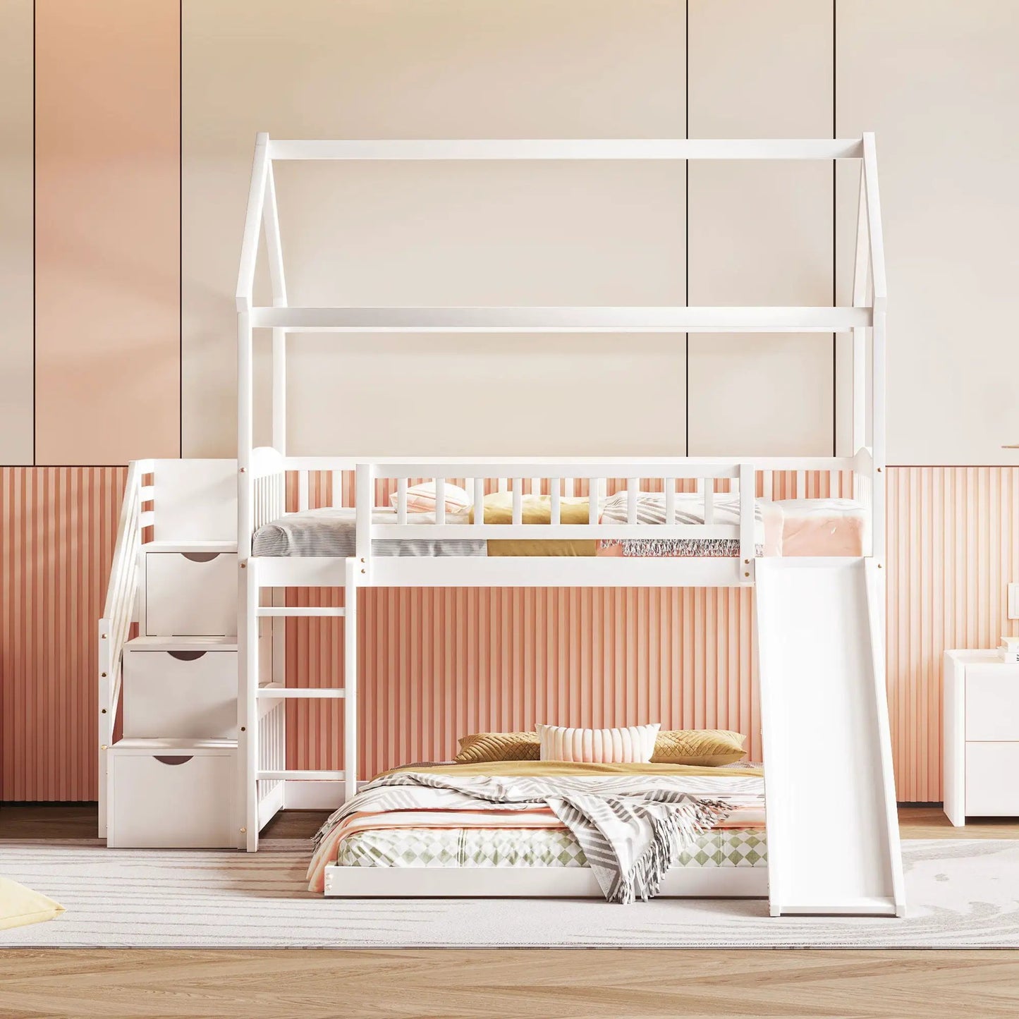 House bunk bed with slide, white finish, built-in stairs and storage drawers on Tampa Home & Garden Store