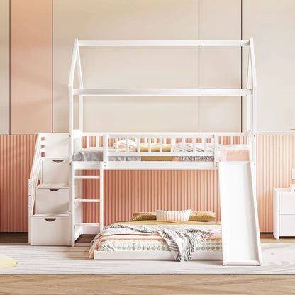 House bunk bed with slide, white finish, built-in stairs and storage drawers on Tampa Home & Garden Store