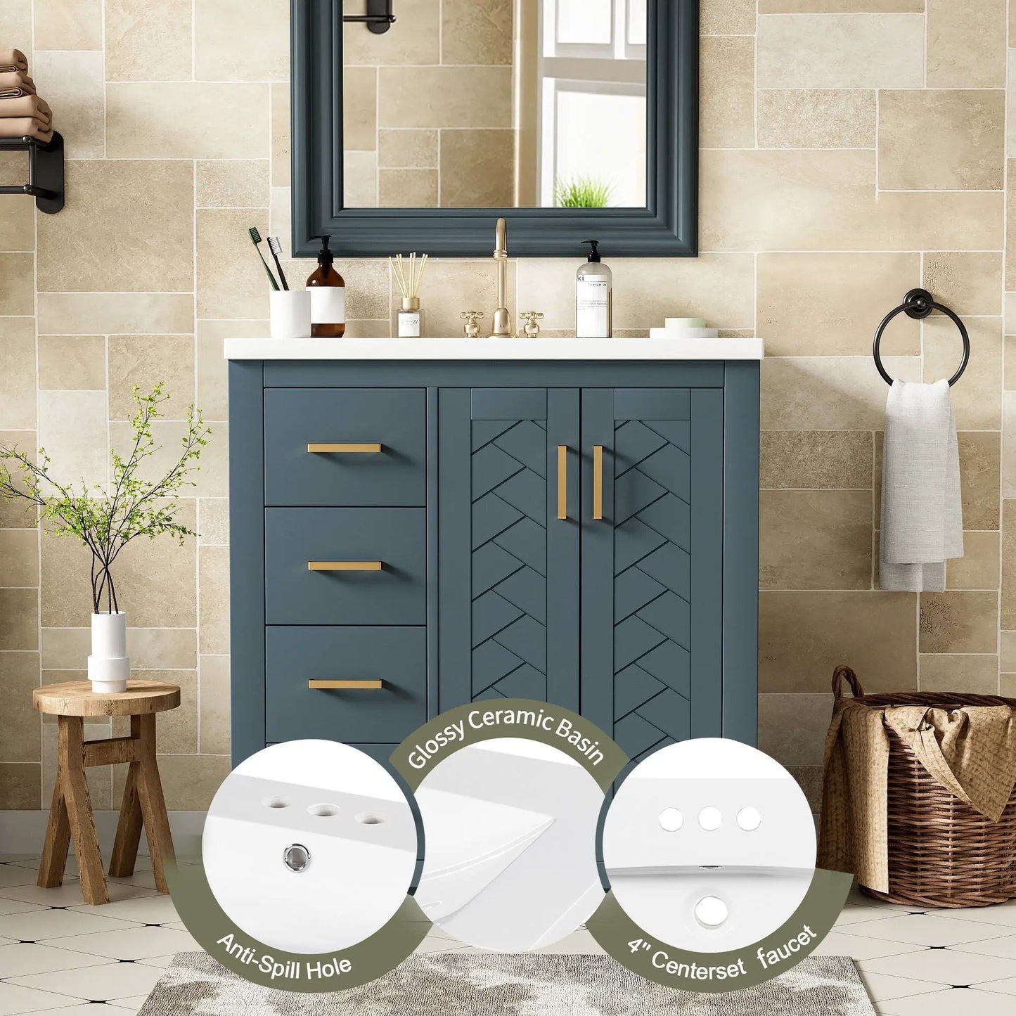 Ceramic sink vanity in blue freestanding cabinet with white top, 3 drawers and soft-close doors on Tampa Home & Garden Store