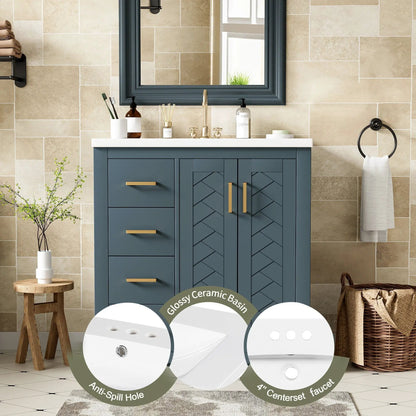 Ceramic sink vanity in blue freestanding cabinet with white top, 3 drawers and soft-close doors on Tampa Home & Garden Store