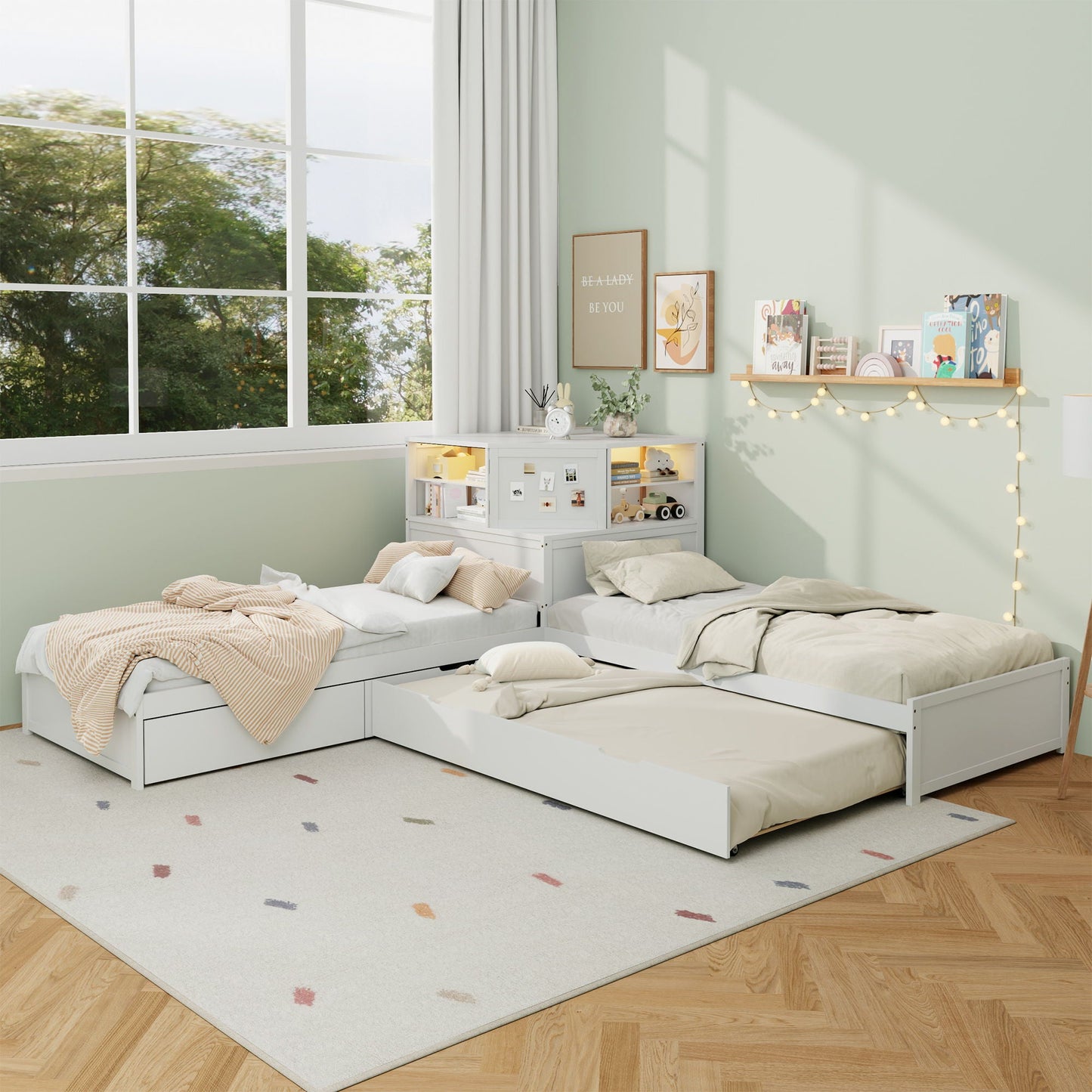 Compact L Shaped Bed Frame with Trundle and Desk