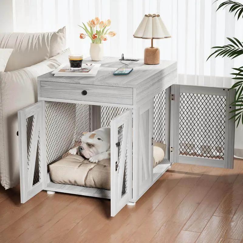Dog Crate End Table by The Max & Rex Collection in graywashed wood with drawer and mesh doors on Tampa Home & Garden Store