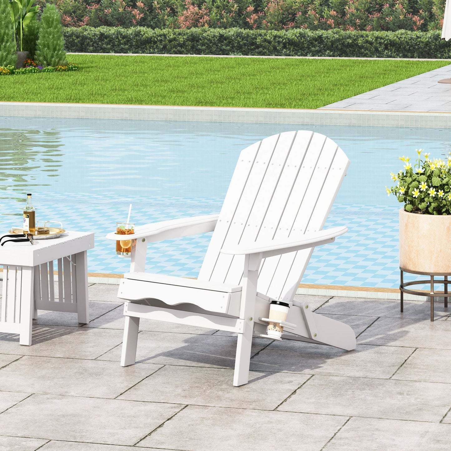 Zenithia outdoor foldable Adirondack chair set of 2, white painted wood with 2 cup holders poolside on Tampa Home & Garden Store