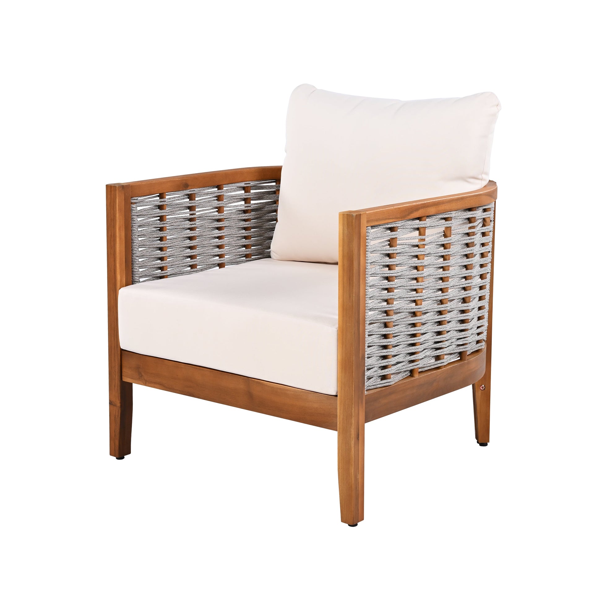 Outdoor Tub Design Armchair with woven rope and acacia wood frame, cream cushions on Tampa Home & Garden Store