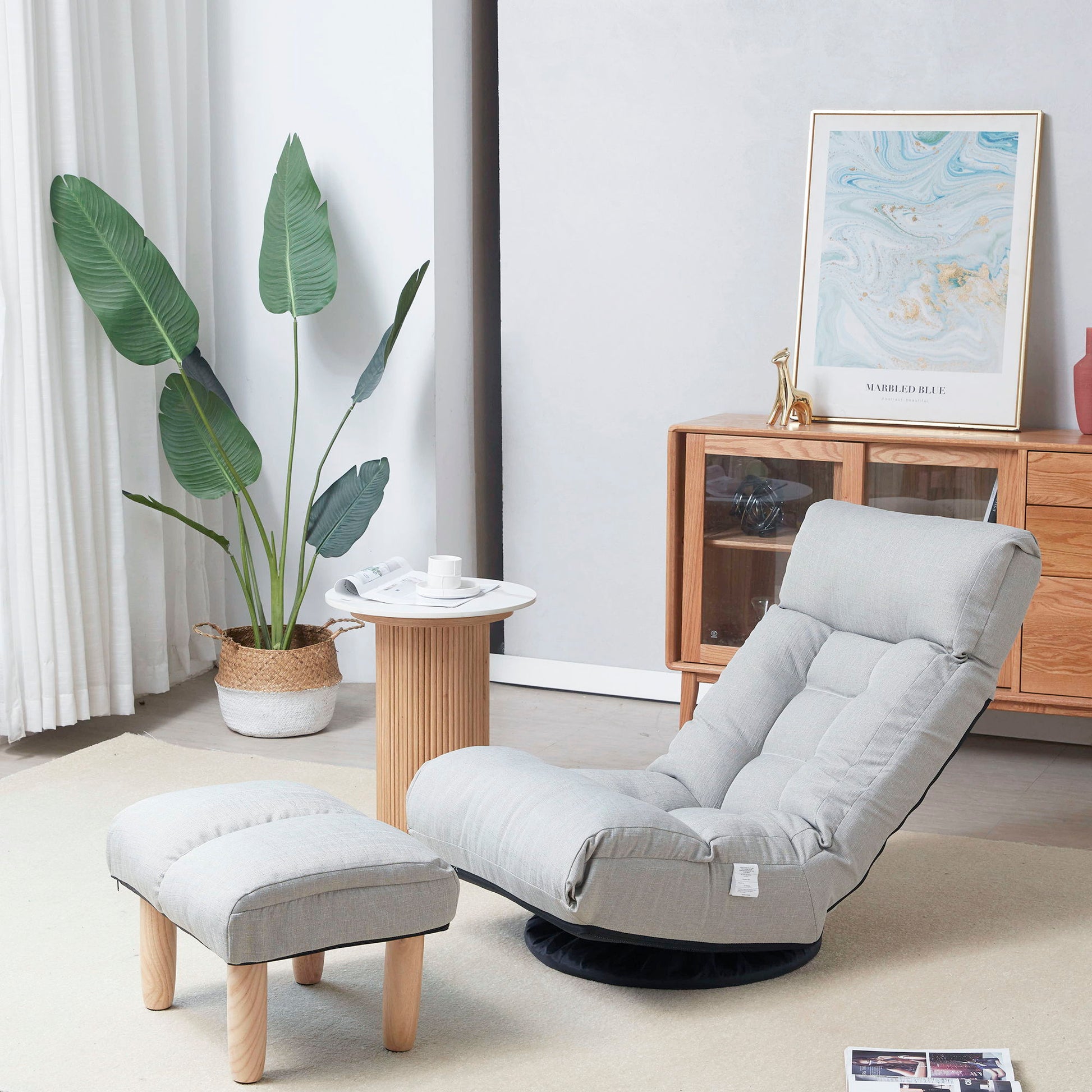 HouseOfZazla adjustable Japanese reclining floor chair with ottoman in gray fabric on Tampa Home & Garden Store