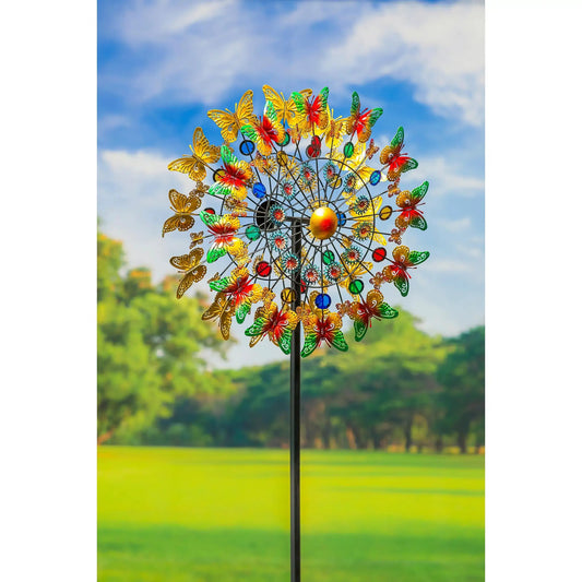Butterfly Shimmer Wind Spinner with Glass Accents, colorful metal butterflies on wheel on Tampa Home & Garden Store