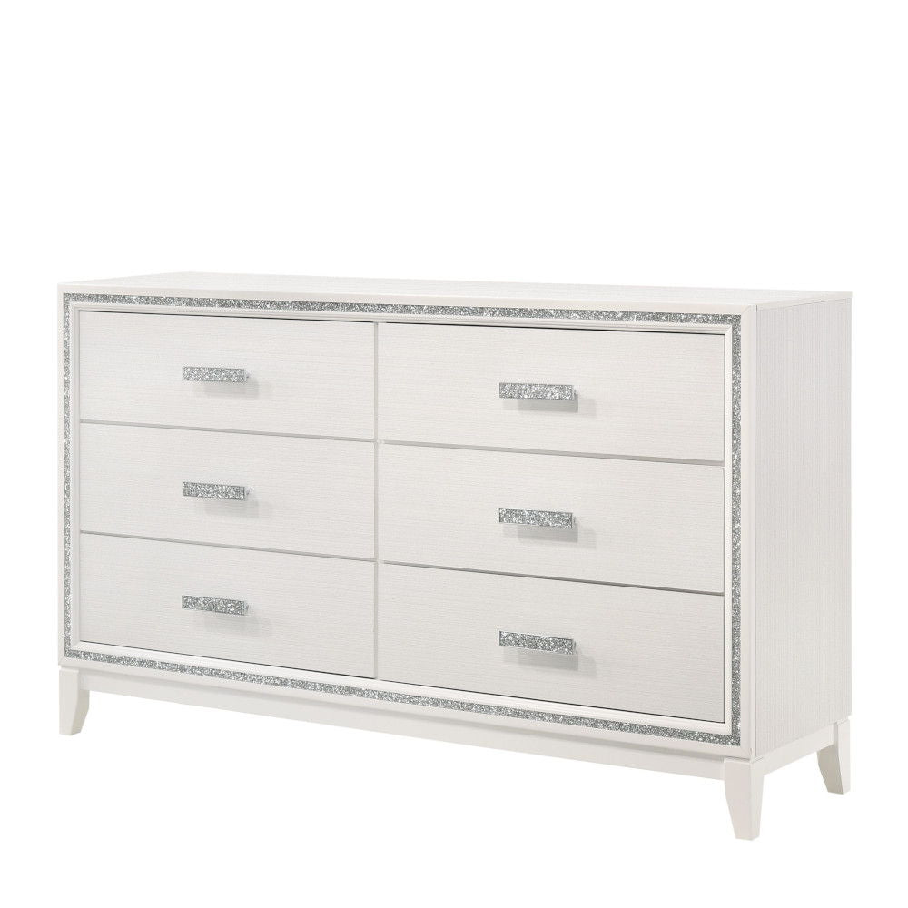Haiden dresser white finish with silver glitter trim, 6-drawer unit HouseOfZazla on Tampa Home & Garden Store