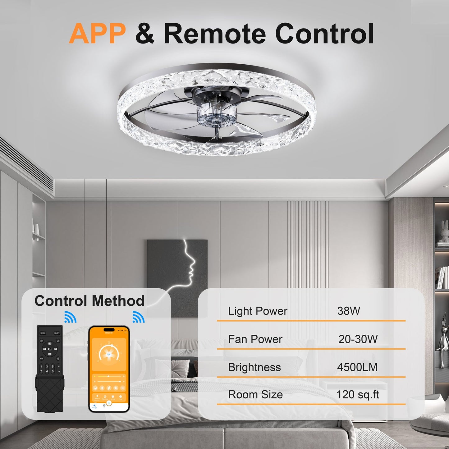 23.6 inch ceiling fan with crystal ring light by HouseOfZazla remote and app control on Tampa Home & Garden Store