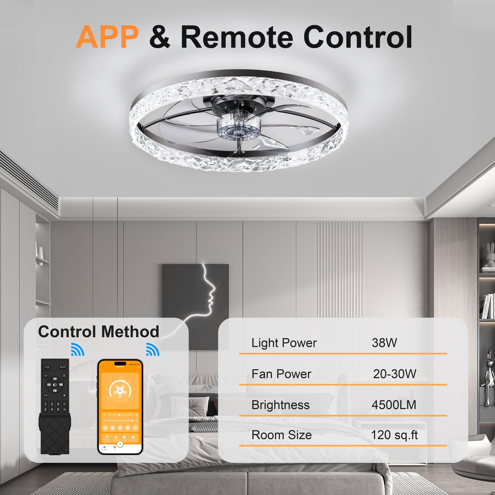 23.6 inch ceiling fan with crystal ring light by HouseOfZazla remote and app control on Tampa Home & Garden Store