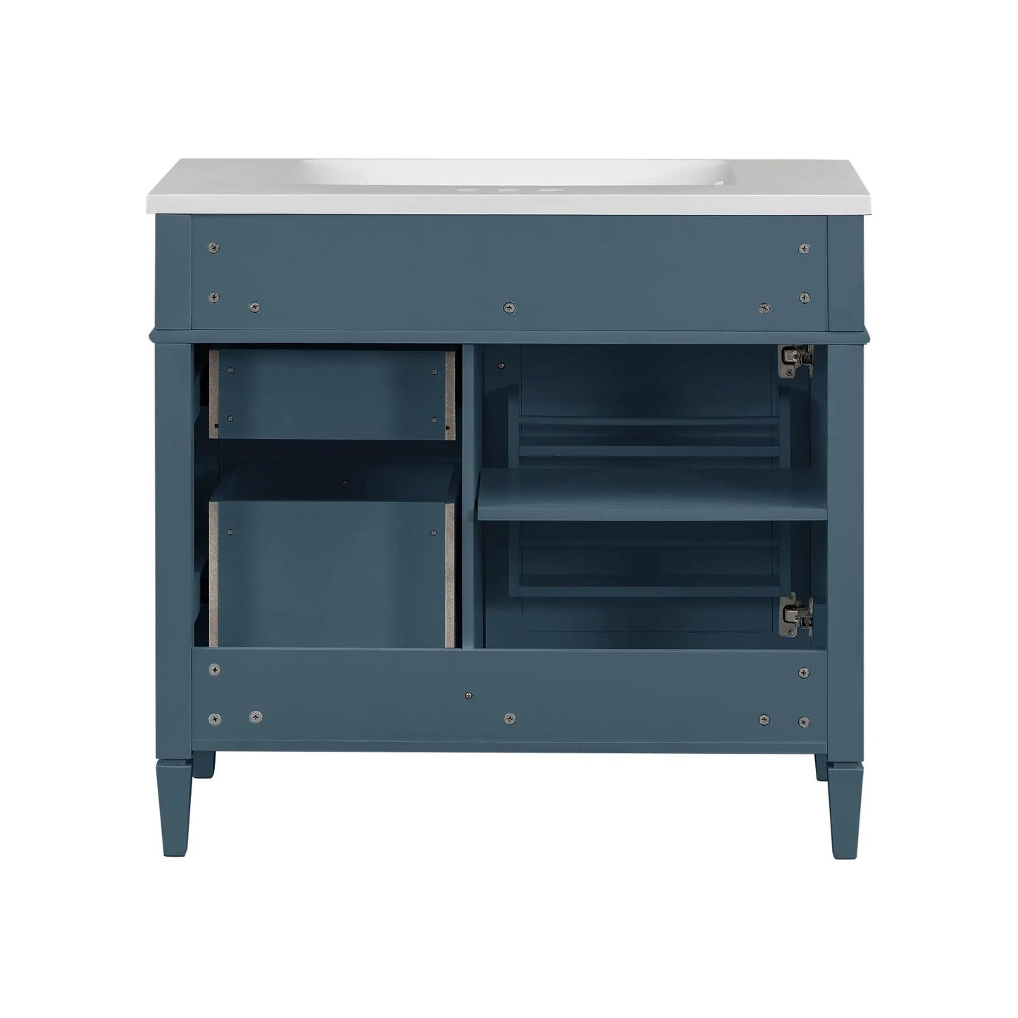 Blue bathroom vanity base with white top, 2 drawers and tip-out on Tampa Home & Garden Store