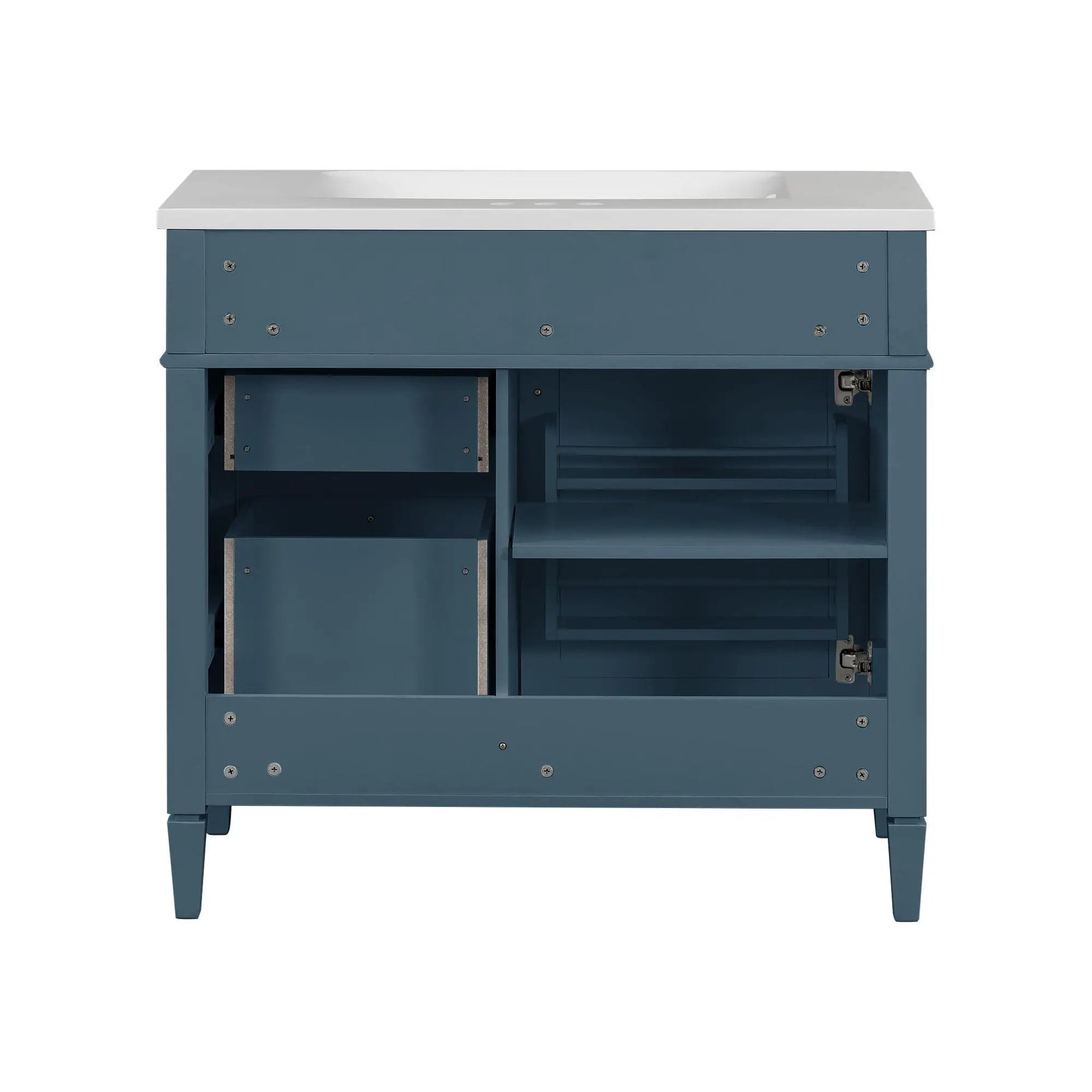 Blue bathroom vanity base with white top, 2 drawers and tip-out on Tampa Home & Garden Store