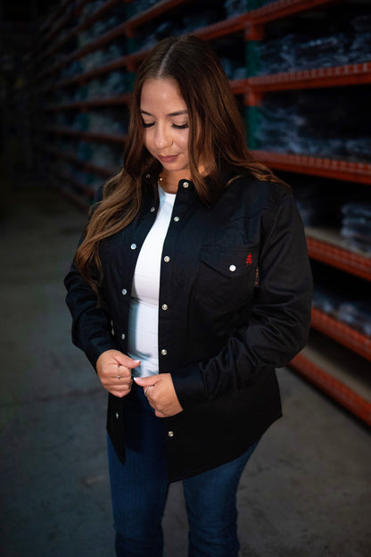 Women's FR Pearl Snap Western Black shirt by Static FR with pearl snap buttons on Tampa Home & Garden Store