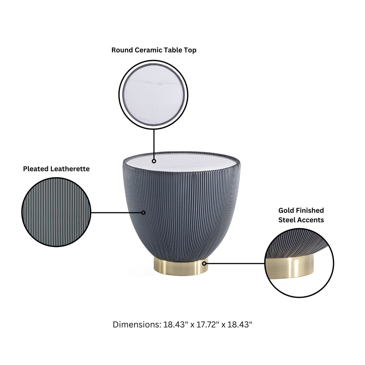 End table with round ceramic top, navy pleated leatherette body, and gold-finished steel base on Tampa Home & Garden Store