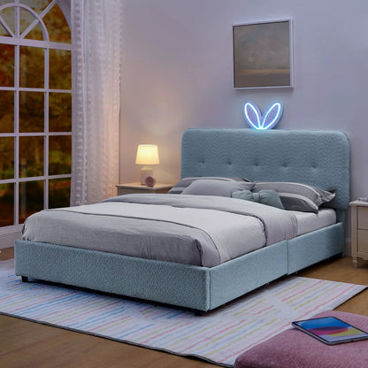 Upholstered Bed with Rabbit Ear Headboard and LED