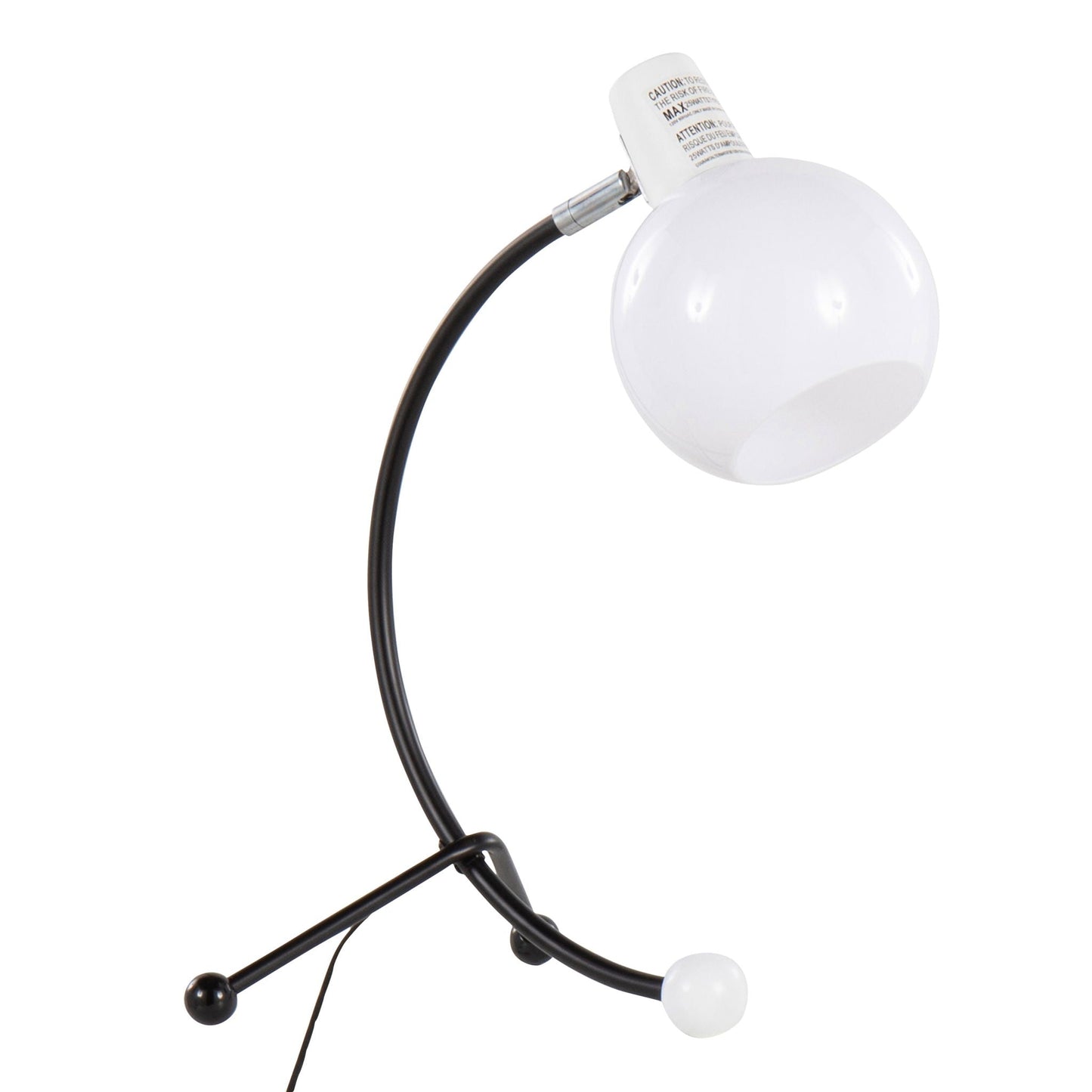 Eileen contemporary task lamp, black and white, curved metal arms with white globe ends on Tampa Home & Garden Store
