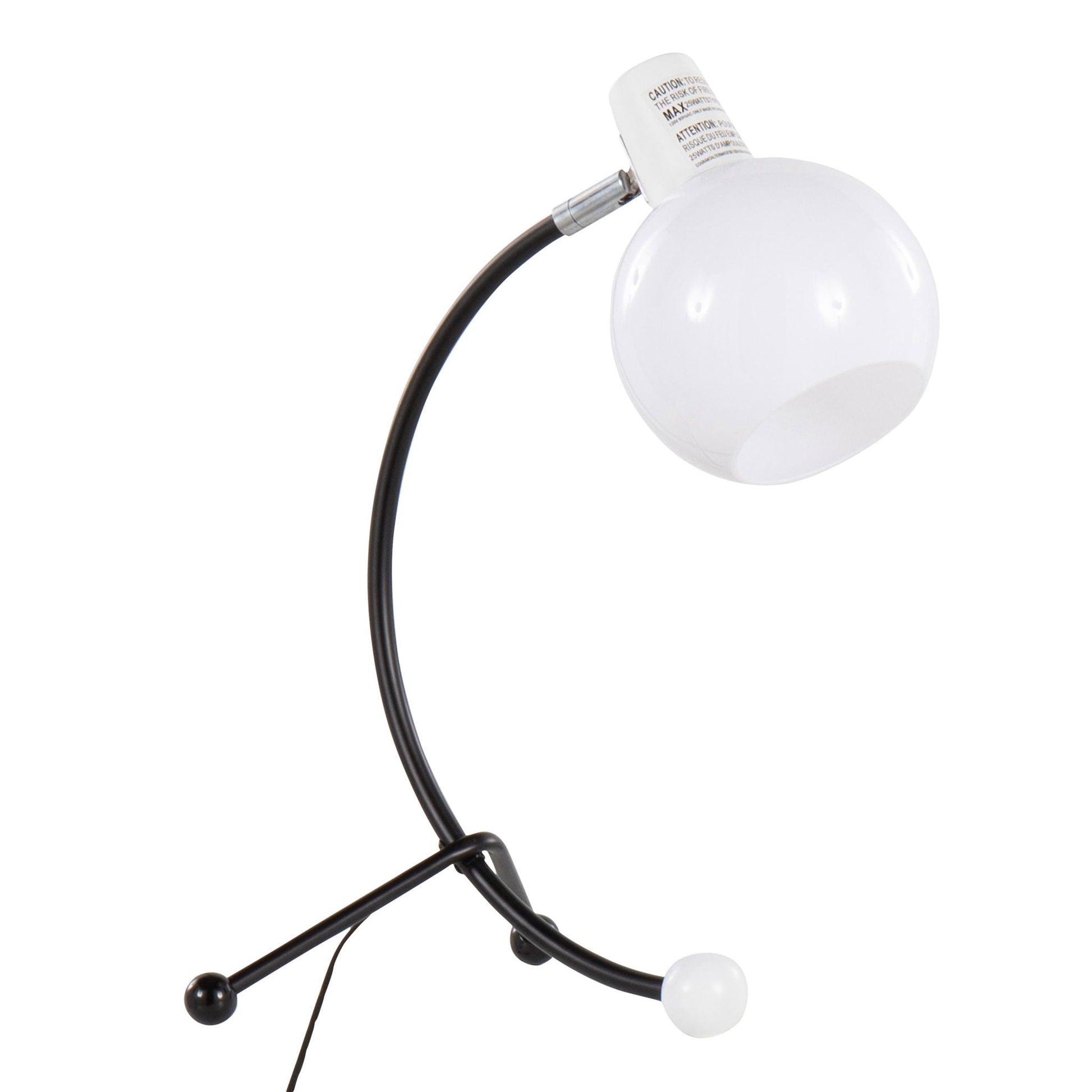 Eileen contemporary task lamp, black and white, curved metal arms with white globe ends on Tampa Home & Garden Store