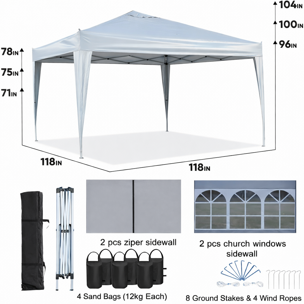 HouseOfZazla 10x10 ft gazebo canopy, white with 2 zippered sidewalls and 2 arched window walls on Tampa Home & Garden Store