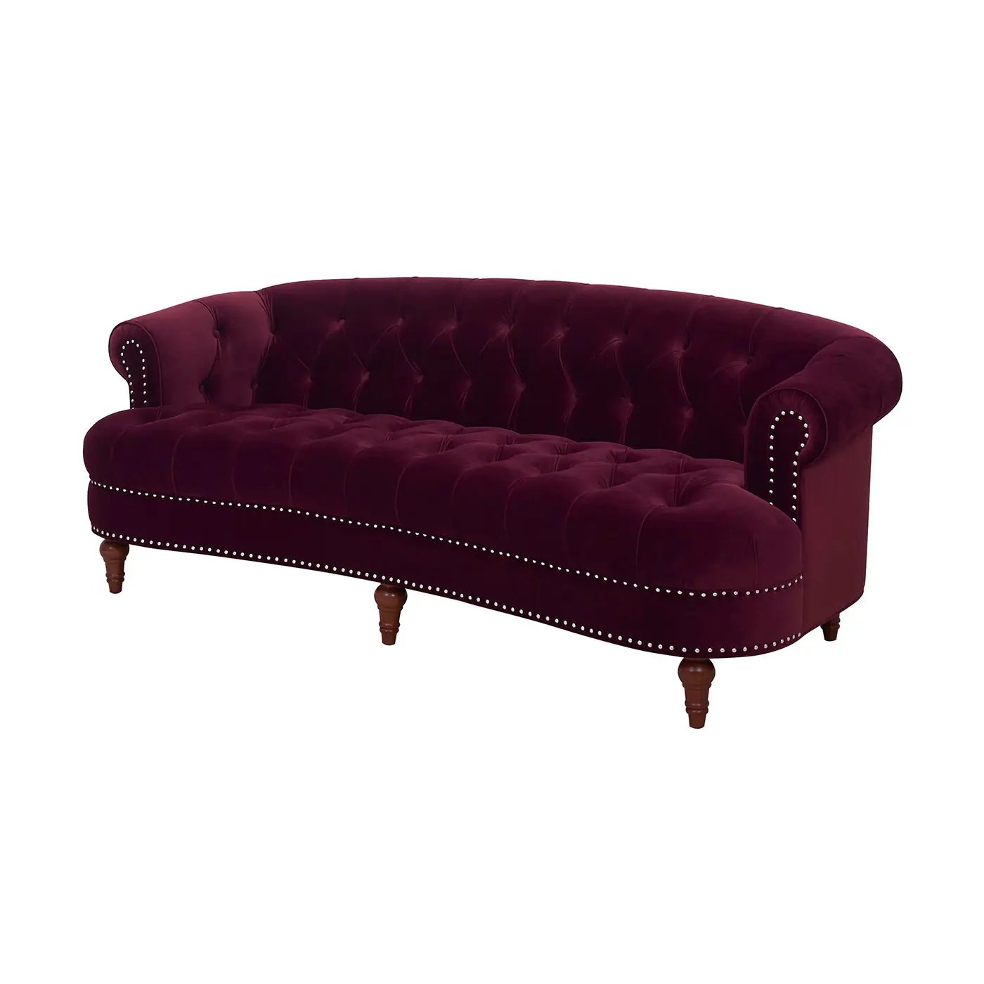 La Rosa Victorian Chesterfield tufted sofa, burgundy velvet, nailhead trim, wooden legs on Tampa Home & Garden Store