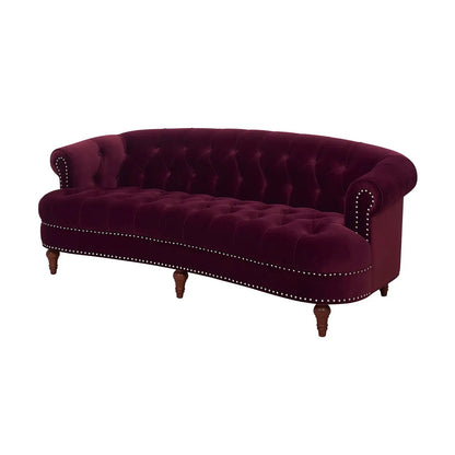 La Rosa Victorian Chesterfield tufted sofa, burgundy velvet, nailhead trim, wooden legs on Tampa Home & Garden Store