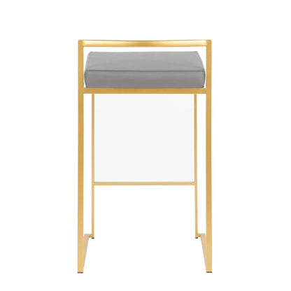 Fuji Contemporary Glam Counter Stool Set of 2, gold metal frame with gray cushion on Tampa Home & Garden Store