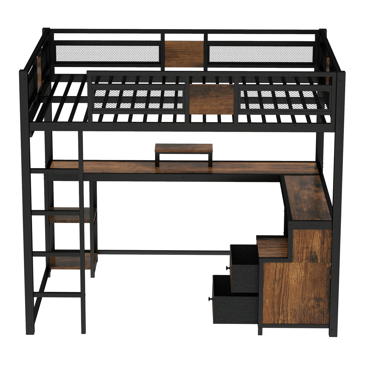 Queen Loft Bed with Desk and Storage HouseOfZazla, black metal frame and wood accents, stairs on Tampa Home & Garden Store