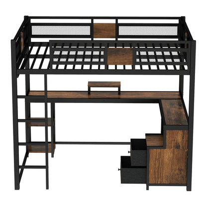 Queen Loft Bed with Desk and Storage HouseOfZazla, black metal frame and wood accents, stairs on Tampa Home & Garden Store