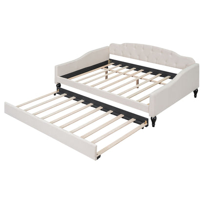 Upholstered tufted daybed beige fabric with curved backrest and slatted base HouseOfZazla on Tampa Home & Garden Store