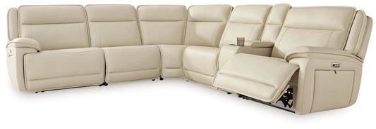 Double Deal reclining sectional in beige by Unique Piece Furniture with center console on Tampa Home & Garden Store