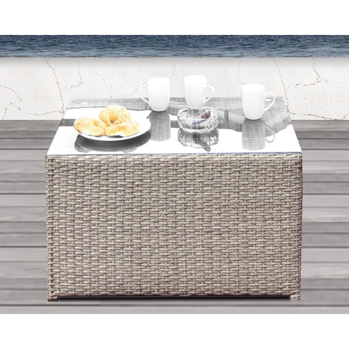 Woven rattan patio coffee table with glass top, croissants and mugs, 2pc Outdoor Sets on Tampa Home & Garden Store