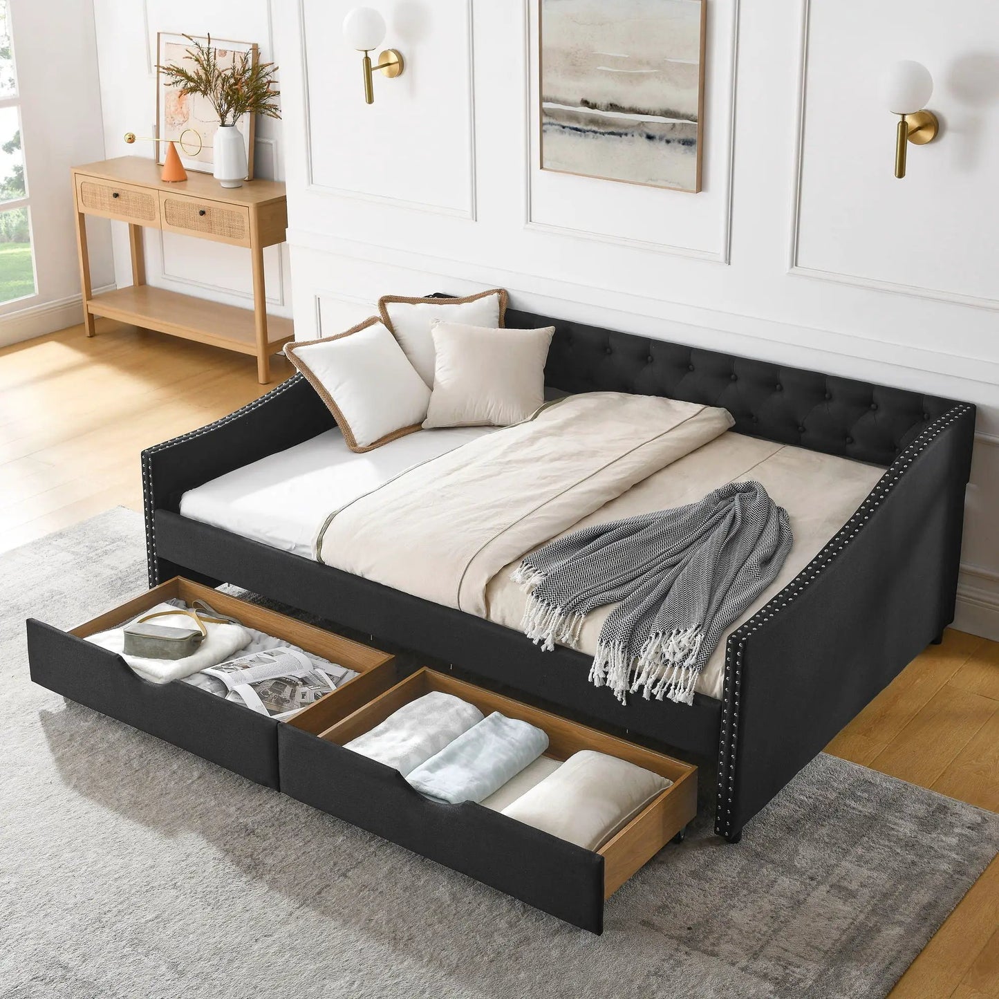 Upholstered tufted daybed with 2 drawers, waved arms, black fabric, Unique Piece Furniture on Tampa Home & Garden Store