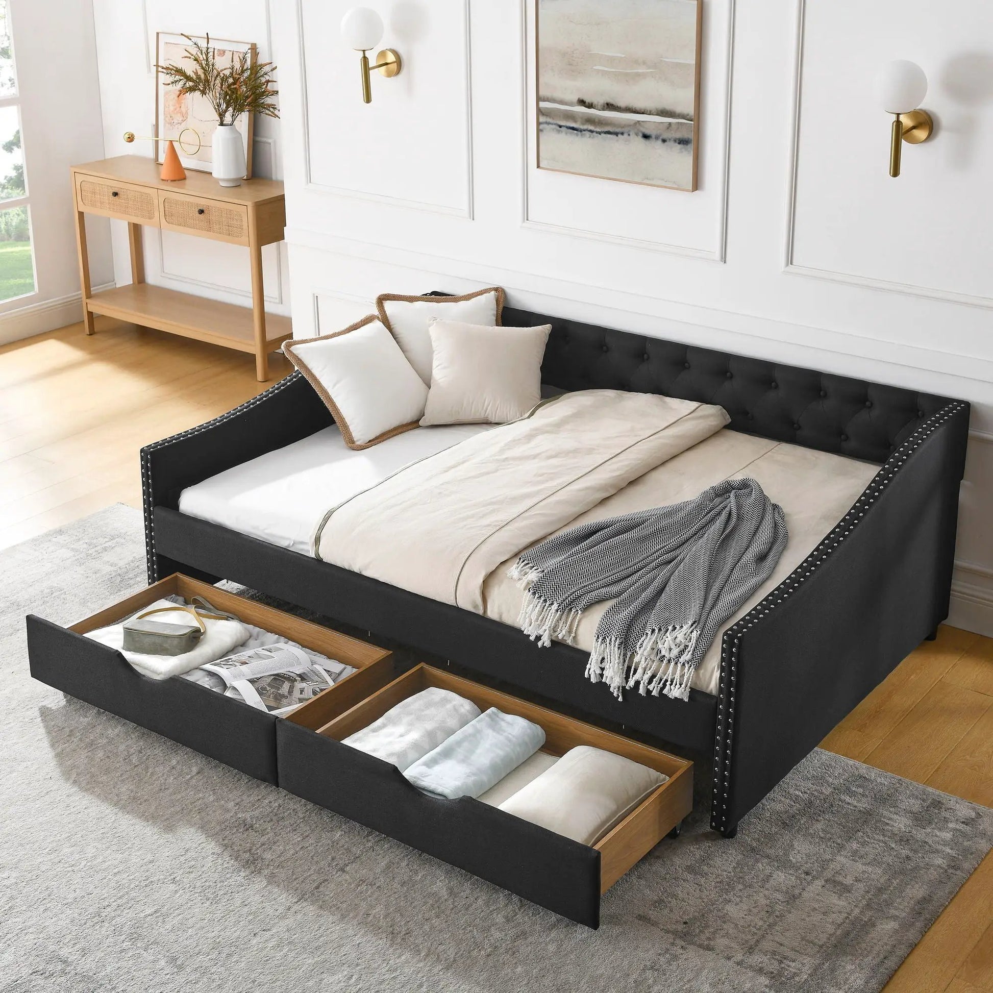 Upholstered tufted daybed with 2 drawers, waved arms, black fabric, Unique Piece Furniture on Tampa Home & Garden Store