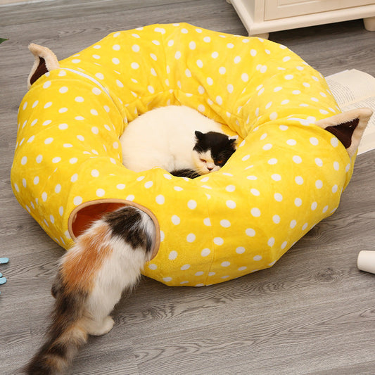 Yellow polka dot cat tunnel sleeping nest donut bed by Sell My Stuff on Tampa Home & Garden Store