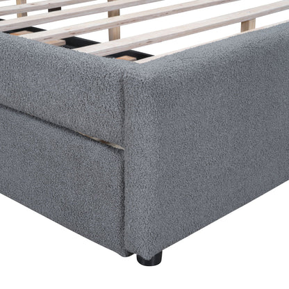 Upholstered platform bed in grey boucle fabric with exposed wooden slat base on Tampa Home & Garden Store