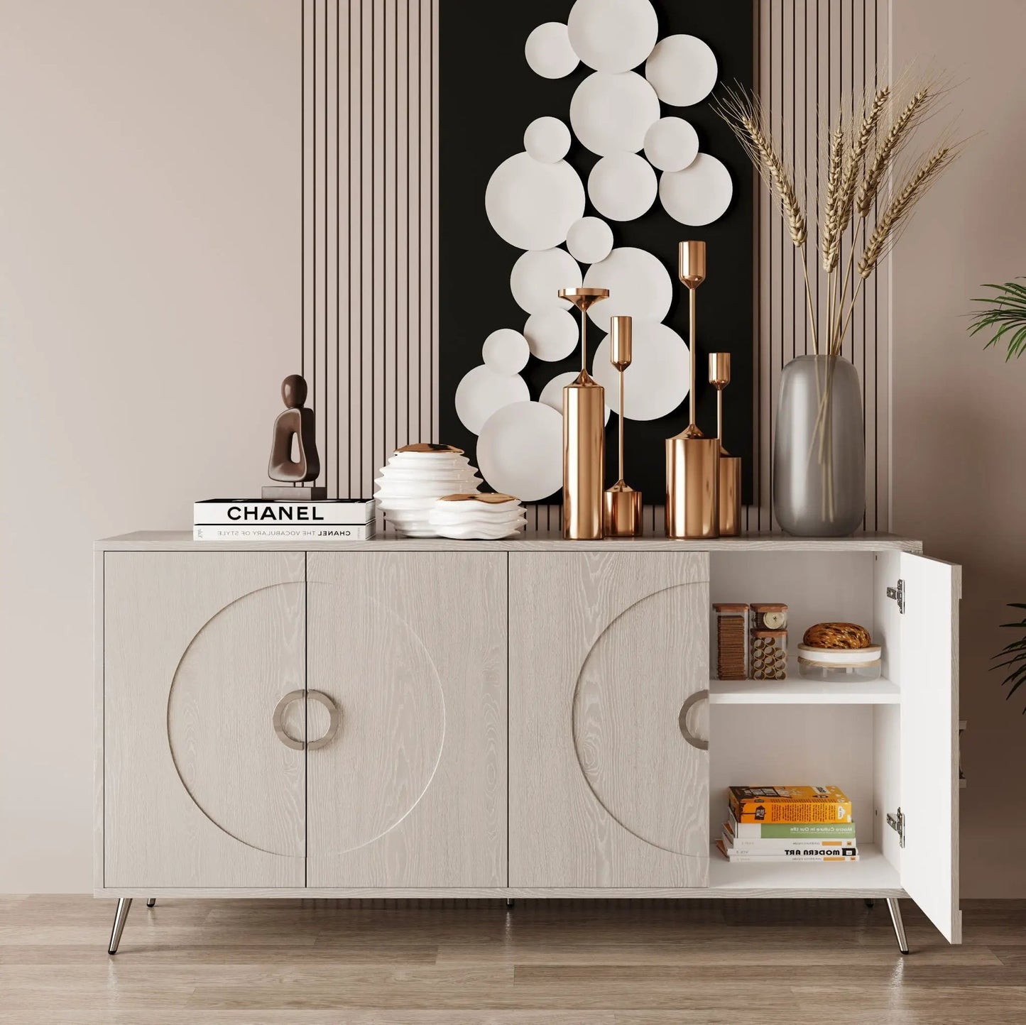 Modern lacquered 4-door wooden sideboard with light oak finish for living space storage on Tampa Home & Garden Store