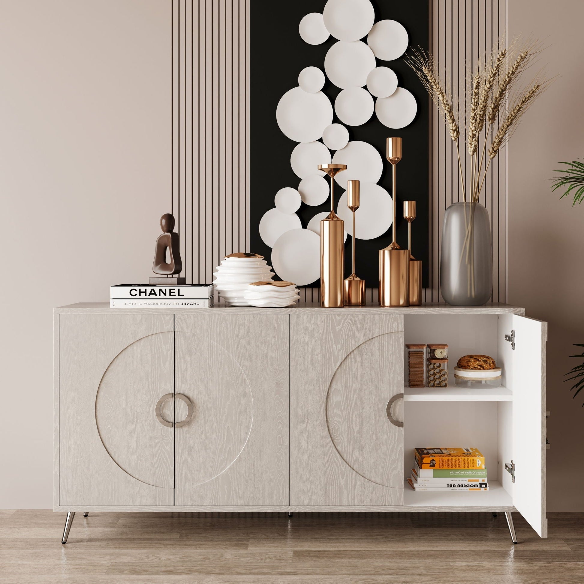 Modern lacquered 4-door wooden sideboard with circular panel accents in light oak on Tampa Home & Garden Store