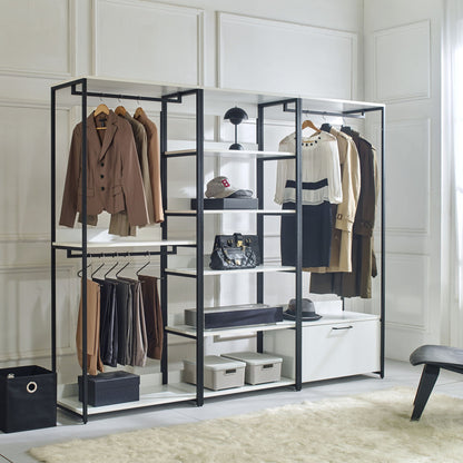 White Walk In Closet with adjustable shelves and black powder-coated metal frame triple wardrobe on Tampa Home & Garden Store